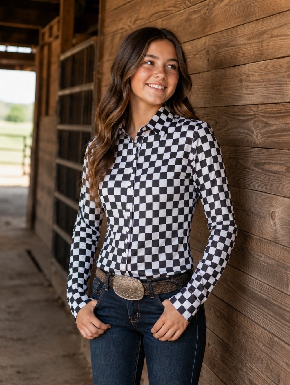 RANCH DRESS'N Fallon Taylor "Finish Line" black & white checkered rodeo shirt XL
